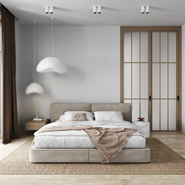 Minimum Japon Yatak Odası Kısmı Battaniyeli Yatak Yastıklar Ahşap Zeminde — Stok fotoğraf