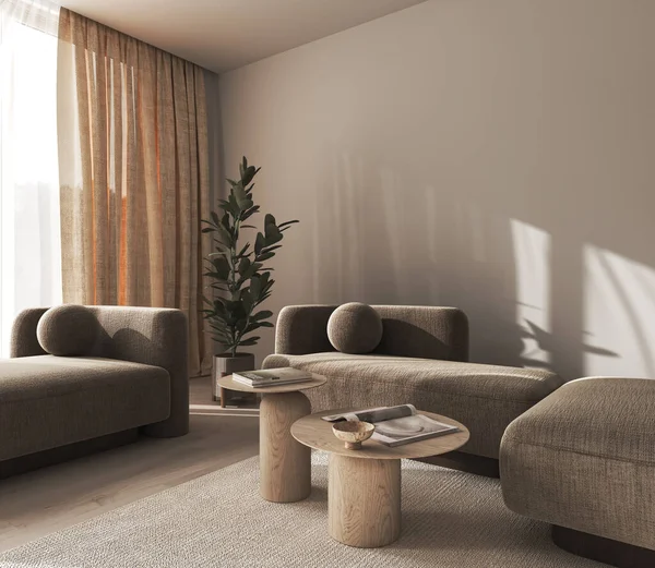 Salón Interior Minimalista Moderno Creativo Con Rayo Sol Cortina Naranja — Foto de Stock