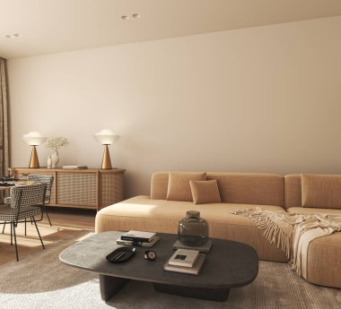 Duvarı modern iç plan ile donatın. Kurumuş çiçekli ve ev dekorlu tarafsız ahşap oturma odası. 3D görüntüleme. Yüksek kalite 3d illüstrasyon.