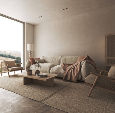 Japon tarzı, geniş pencereli, koltuklu ve sehpalı ev tasarımı. Oturma odasının arka planında duvar modeli. 3D görüntüleme. Yüksek kalite 3d illüstrasyon.