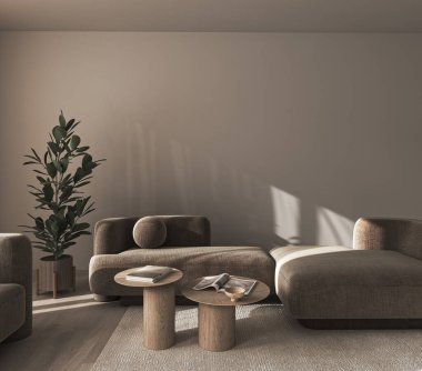 Yaratıcı modern minimalist karanlık oturma odası güneş ışığı ve yeşil ağaçla. Ön manzara. 3D görüntüleme modeli. Yüksek kalite 3d illüstrasyon.