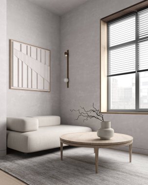 Gray contemporary waiting room interior with wooden sideboard and large coffee table on concrete wall background. Minimalist scandinavian design. 3d rendering. High quality 3d illustration. clipart