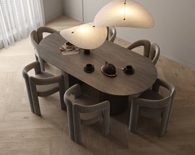 Gri boş duvarlı, büyük masalı ve servis edilen yemek odası iç tasarımı. Modern mutfak ve 2 büyük lamba. 3D görüntüleme. Yüksek kalite 3d illüstrasyon.