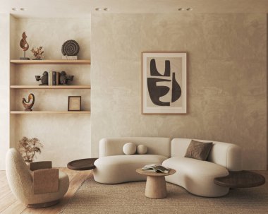 Mobilya ve dekorlu çağdaş beyaz bej iç mimari. Boş duvar maketi. 3D görüntüleme. Yüksek kalite 3d illüstrasyon.