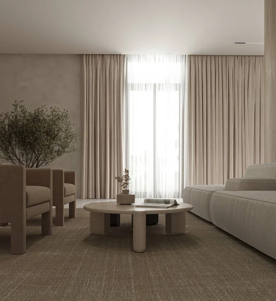 Minimalisme Kulit Krem Interior Livingroom Dengan Furnitur Tanaman Hijau Dan — Stok Foto