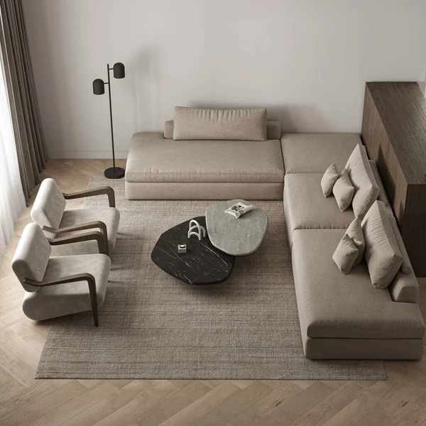 Pemandangan Atas Interior Ruang Tamu Dengan Sofa Modular Besar Dua — Stok Foto