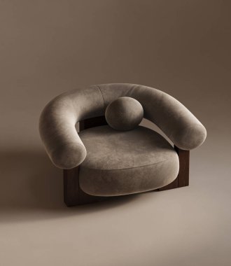 Sıkışmış duvarlı kavramsal iç mekan. Sıcak pastel renkli yaratıcı kompozisyon koltuğu. Model boş arkaplan. 3D görüntüleme. Yüksek kalite 3d illüstrasyon.