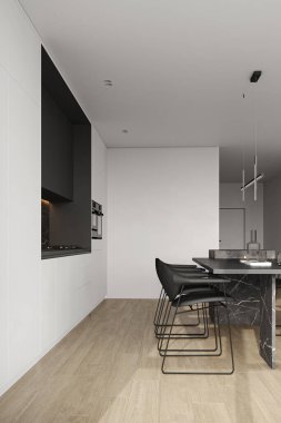 Kara mermer adası, ahşap parke zemin, beyaz dolaplar ve tabureli bir bar olan panoramik lüks mutfak. 3D görüntüleme. Yüksek kalite 3d illüstrasyon.