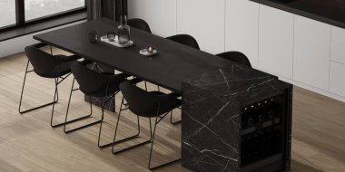Panoramik minimalist, siyah mermer adalı bir mutfak, ahşap ahşap zemin, beyaz dolaplar ve tabureli bir bar. 3D görüntüleme. Yüksek kalite 3d illüstrasyon.