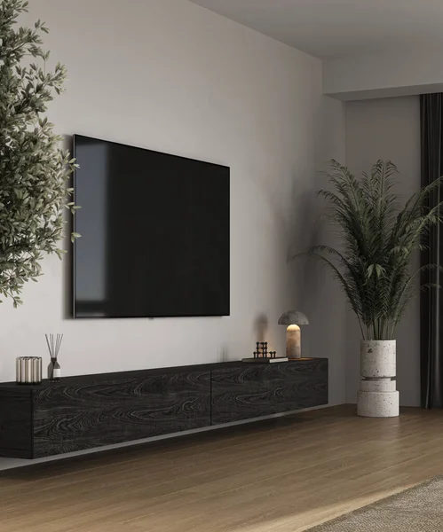 Modern grey luxury minimalist interior livingroom with large gray modular sofa, panoramic windows and palm trees. TV wall mockup. 3d rendering. High quality 3d illustration.