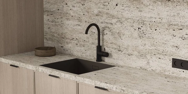 优雅别致的波希米亚式厨房内部用自然材料 石头台面和黑色水槽 靠近点3D渲染 高质量3D插图 — 图库照片