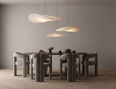 Yemek odası iç tasarımı, gri boş duvar, büyük masa ve servis. Modern mutfak manzarası ve 3 büyük lamba. 3D görüntüleme. Yüksek kalite 3d illüstrasyon.
