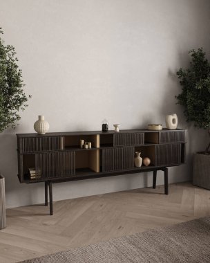 Ahşap şifoniyer ve minimalist sanat dekorasyonuyla modern oturma odası. Bej duvardaki tuval posterini taklit et. 3D görüntüleme. Yüksek kalite 3d illüstrasyon.