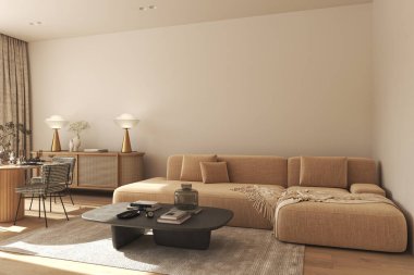 Duvarı modern iç plan ile donatın. Kurumuş çiçekli ve ev dekorlu tarafsız ahşap oturma odası. 3D görüntüleme. Yüksek kalite 3d illüstrasyon.