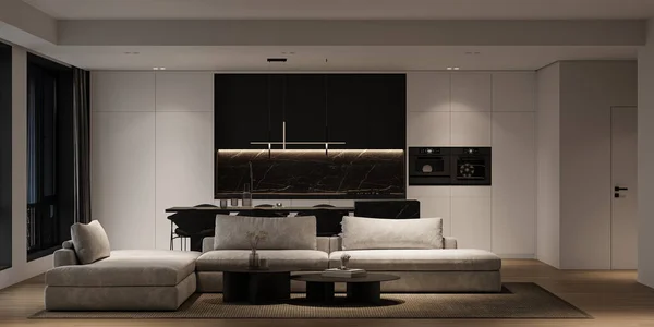 Sala Estar Interior Minimalista Moderna Com Grande Sofá Modular Janelas — Fotografia de Stock