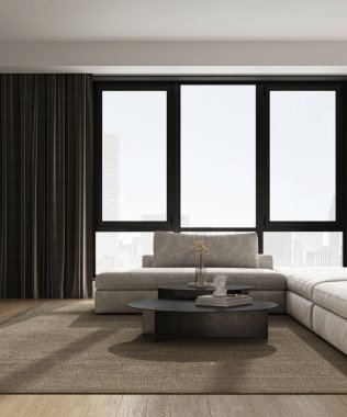 Büyük modüler kanepe, panoramik pencereler ve şehir manzaralı modern gri, minimalist oturma odası. 3D görüntüleme. Yüksek kalite 3d illüstrasyon.