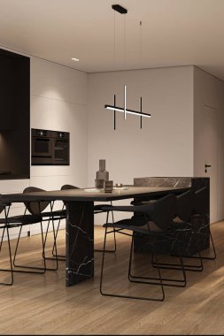 Panoramik minimalist, siyah mermer adalı bir mutfak, ahşap ahşap zemin, beyaz dolaplar ve tabureli bir bar. Gece aydınlatma. 3D görüntüleme. Yüksek kalite 3d illüstrasyon.