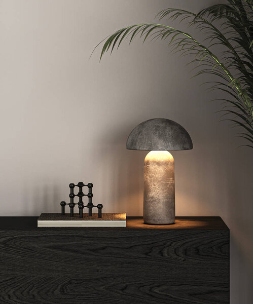 Современный серый роскошный минималистский интерьер гостиной с ночным освещением, вечерней подсветкой, коммодами и пальмами. Макет серой стены. 3D рендеринг. Высокое качество 3D иллюстрации.