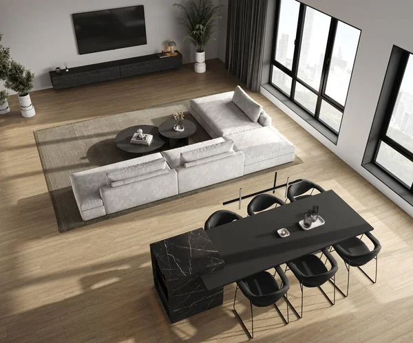 Modern Abu Abu Minimalis Interior Livingroom Dengan Sofa Modular Besar — Stok Foto