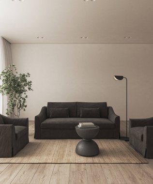 Modern retro tarzı apartman iç oturma odası. Perdeli ve panoramik manzaralı büyük bir pencere. Duvarda boş resim çerçevesi var. 3D görüntüleme. Yüksek kalite 3d illüstrasyon.