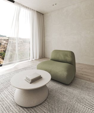 Modern tarz kavramsal apartman iç oturma odası koltuklu. Perdeli ve panoramik manzaralı büyük bir pencere. 3D görüntüleme. Yüksek kalite 3d illüstrasyon.