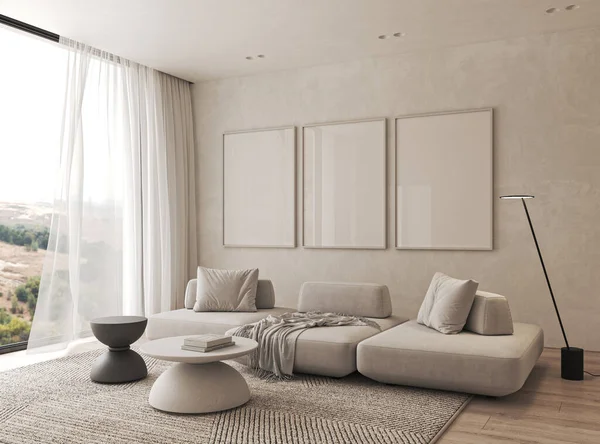 Modern tarz kavramsal apartman iç oturma odası. Perdeli ve panoramik manzaralı büyük bir pencere. 3D görüntüleme. Yüksek kalite 3d illüstrasyon.