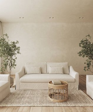 Modern, klasik, ahşap masalı bir oturma odası. Panoramik doğa manzarası. Duvarda boş resim çerçevesi var. 3D görüntüleme. Yüksek kalite 3d illüstrasyon.