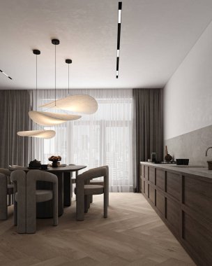 Modern basit İskandinav tarzı mutfak iç tasarımı. Gri pastel tezgahlı dekorasyon, ahşap dolap ve taş tezgahlı. 3D görüntüleme. Yüksek kalite 3d illüstrasyon.