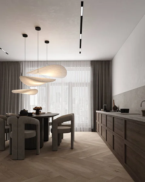 Modern Basit Skandinav Tarzı Mutfak Tasarımı Gri Pastel Tezgahlı Dekorasyon — Stok fotoğraf