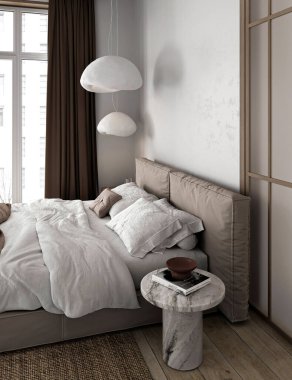 Minimum japon yatak odası iç kısmı. Battaniyeli yatak, yastıklar, ahşap zeminde halı. Model boş beyaz duvar kenarı görünümü. 3D görüntüleme. Yüksek kalite 3d illüstrasyon.
