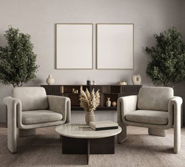 Gri duvarı ve mobilyaları olan lüks oturma odası. Taupe sandalyeler. Sanat veya iki resim için boş alan. Zengin iç tasarım. Oda ya da salonun bir kopyası. 3D görüntüleme. Yüksek kalite 3d illüstrasyon.
