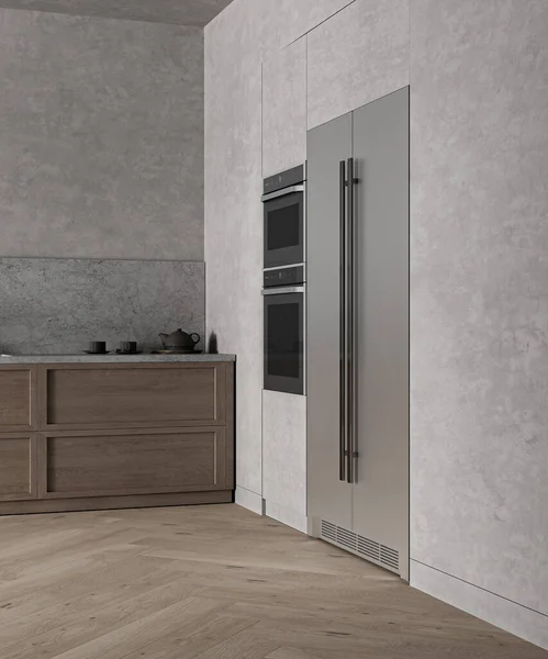 斯堪的纳维亚厨房室内设计与冰箱和烤箱 用台面 木柜和石板台面装饰 3D渲染 高质量3D插图 — 图库照片