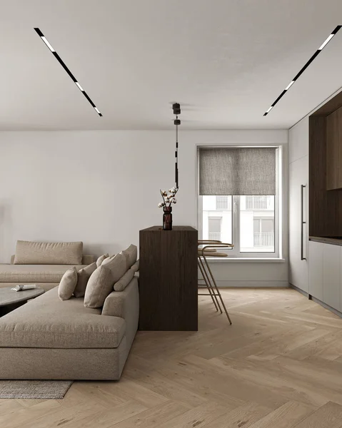 Japandi Modern Minimalis Gaya Ruang Tamu Dengan Desain Interior Dapur — Stok Foto