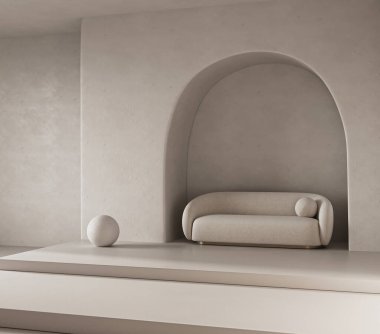 Kavramsal iç mekanda kemerli sıva duvarı var. Sıcak bej renkli kemerli yaratıcı kompozisyon kanepesi. Model boş arkaplan. 3D görüntüleme. Yüksek kalite 3d illüstrasyon.