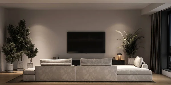 Moderna Sala Estar Interior Minimalista Cinza Com Grande Sofá Modular — Fotografia de Stock
