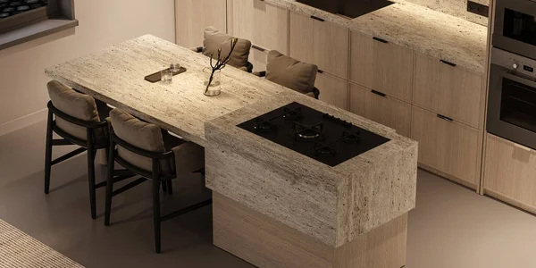 Elegant Chic Bohemian Kitchen Interior Natural Materials Wooden Cabinet Stone — Stock Photo, Image