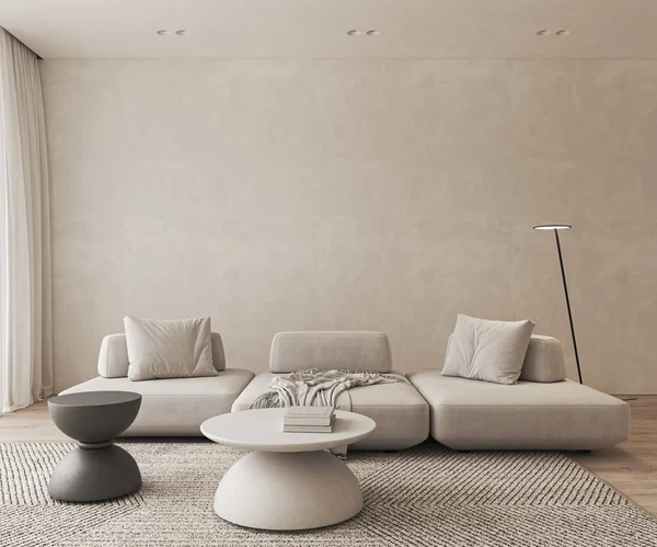 Gaya Modern Konseptual Apartemen Interior Livingroom Jendela Besar Dengan Tirai — Stok Foto