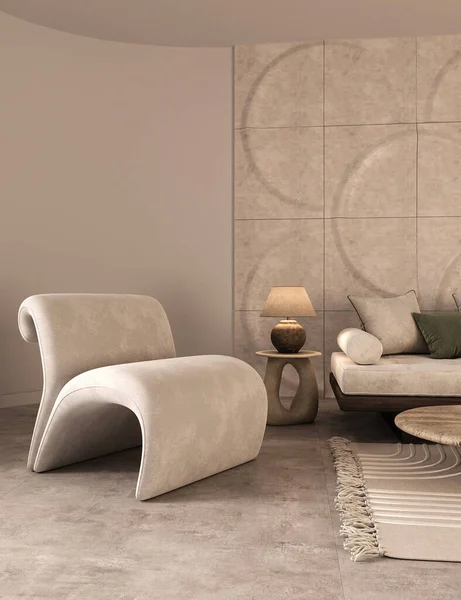Composição Interior Boêmio Moderno Com Grande Sofá Escandinavo Com Travesseiros — Fotografia de Stock