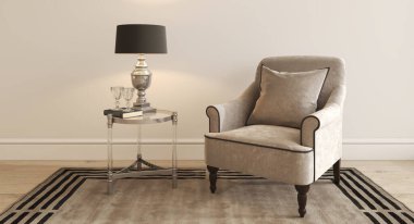 Oturma odası, koltuk, masa ve lambayla dekore edilmiş. Yatay panoramik arkaplan. 3d resimleme modern klasik biçim.