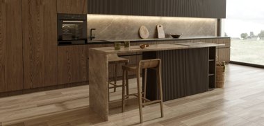 Çağdaş mutfak tavanarası tarzı koyu renkli lüks bir daire. Geniş pencereli modern oda alanı. Yüksek kalite 3d görüntüleme.