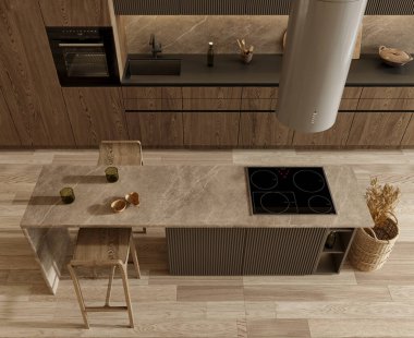 Modern brown wooden kitchen interior, dining area. Furnished by table and chairs for eating. Parquet floor. High quality 3d rendering illustration, top view.