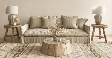 Oturma odası, İskandinav boho tarzı. Yatay panoramik arkaplan. 3D tasvir. Bej renkli yüksek kaliteli resim.