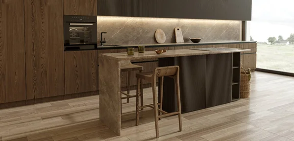 Apartamento Luxo Com Estilo Loft Cozinha Contemporânea Cores Escuras Elegante — Fotografia de Stock