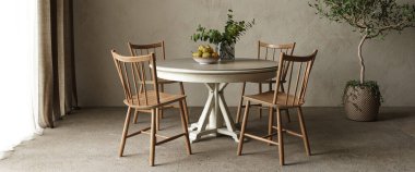 Yemek masası. Yüksek kalite 3D çizim. İskandinav bitkilerinin ülke içi tasarımı.