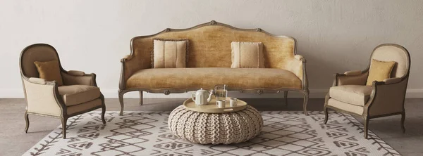 Vintage Sala Estar Design Interiores Com Sofá Lounge Amarelo Poltrona — Fotografia de Stock