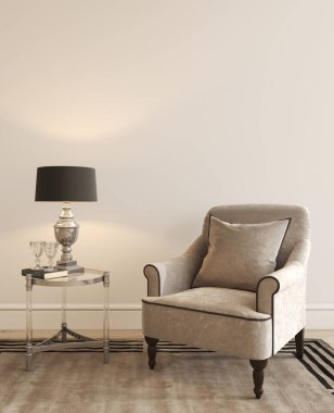 Ev tasarımı, oturma odası. Model beyaz duvar. Koltuk, masa ve lambalı dekor. 3d resimleme modern klasik biçim.