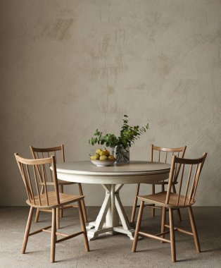 Dining room table. High quality illustration 3d rendering. Mockup empty wall. Country interior design with scandinavian plants.