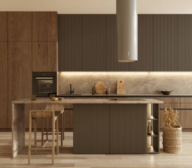 Minimal modern dark wooden kitchen. Interior design apartment with scandinavian style. Brown color kitchen island. 3d rendering illustration. clipart
