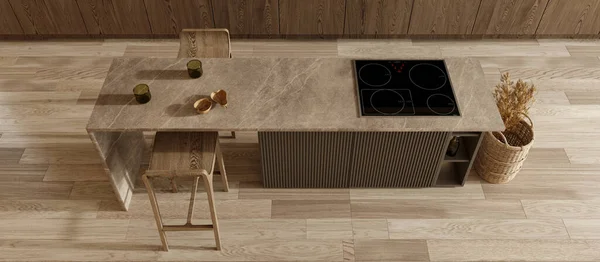 现代褐色木制厨房内部 餐厅区 用桌子和椅子做食物 高质量3D渲染说明 顶级视图 — 图库照片