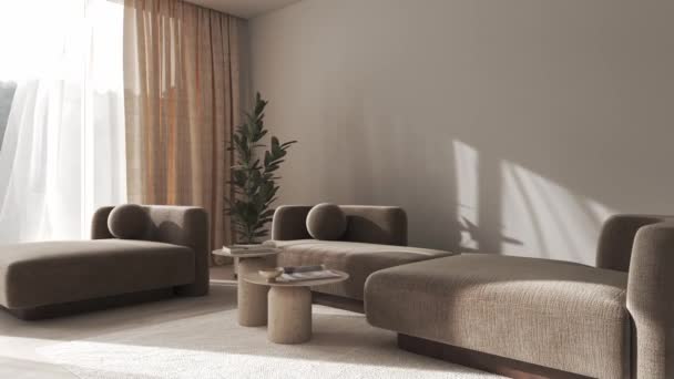 创意现代简约的深褐色室内客厅 阳光和绿树 3D渲染说明 3D可视化 优质4K影片 — 图库视频影像